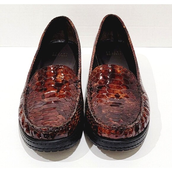Stuart Weitzman Nice Brown Crystal Snake Loafers Women 9.5 W Croc Patent Leather - Picture 2 of 12